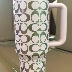 Patterned White Travel Mug with Metallic Green Logo Print